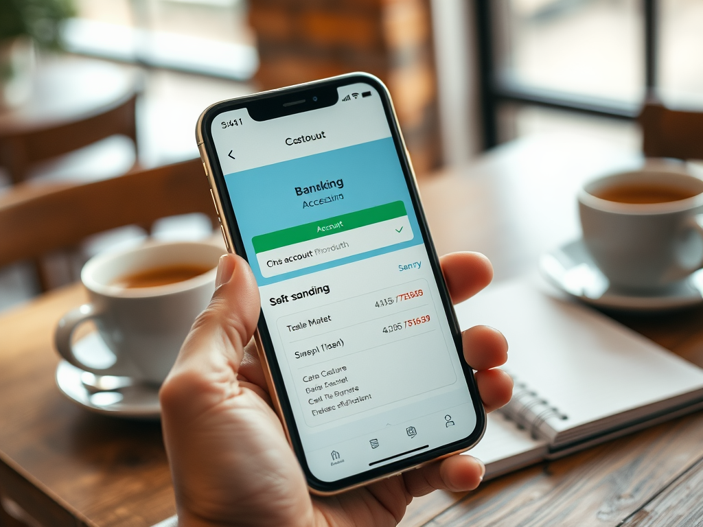 На изображении рука держит телефон с приложением банковского обслуживания на столе рядом с чашкой кофе.