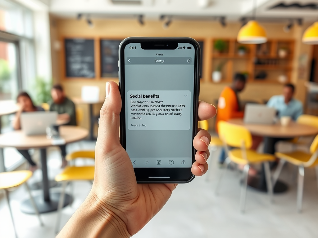 На изображении человек держит телефон с экраном, отображающим информацию о социальных льготах в кафе.